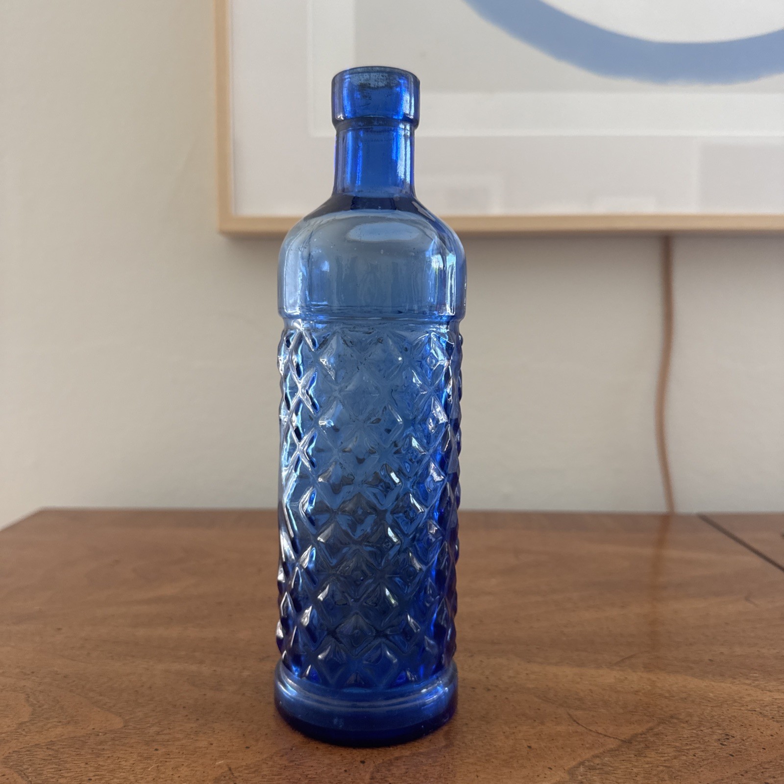 Vintage Antique Cobalt Blue Glass Bottle with Diamond Pattern