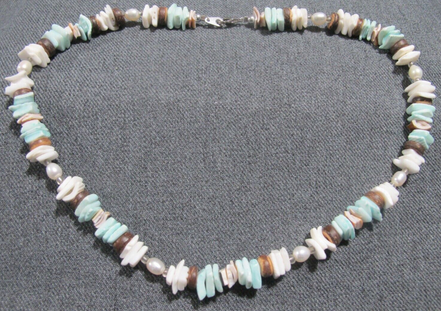 Vintage dyed shell, freshwater pearl & tiny glass beaded collar necklace