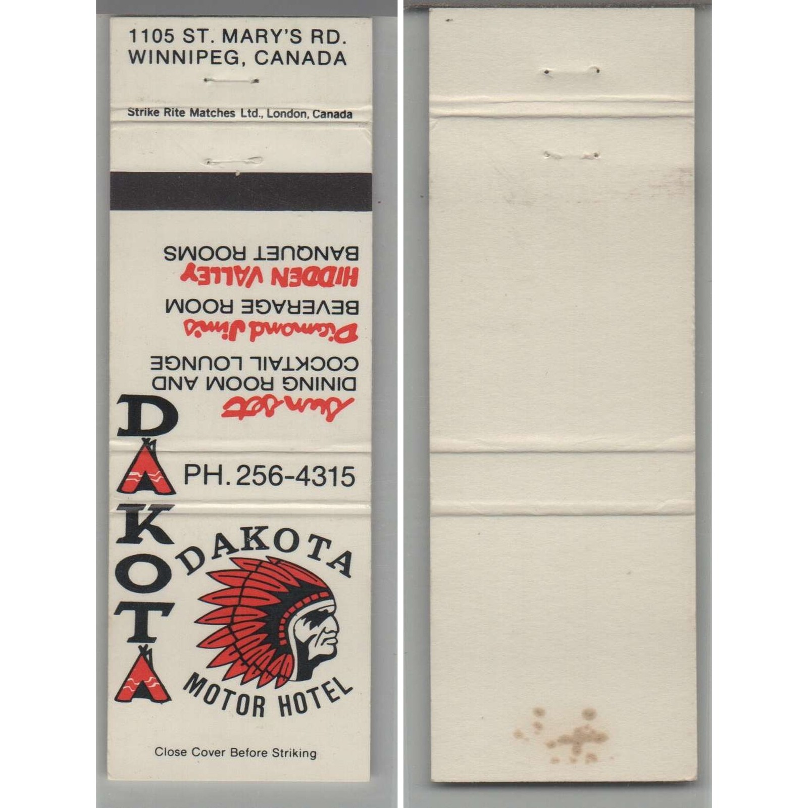 Matchbook Cover Dakota Motor Hotel Winnipeg MB