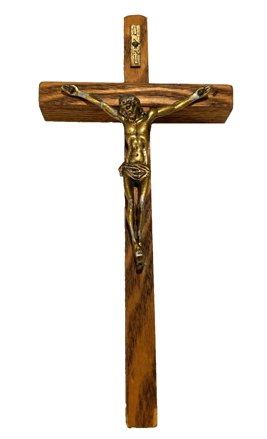 8 inch Vintage Wooden  & Metal Crucifix Wall Hanger INRI