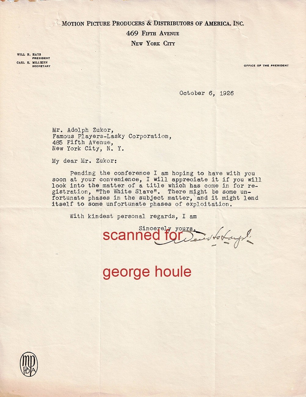 WILL H. HAYS - SIGNED - ADOLPH ZUKOR - 