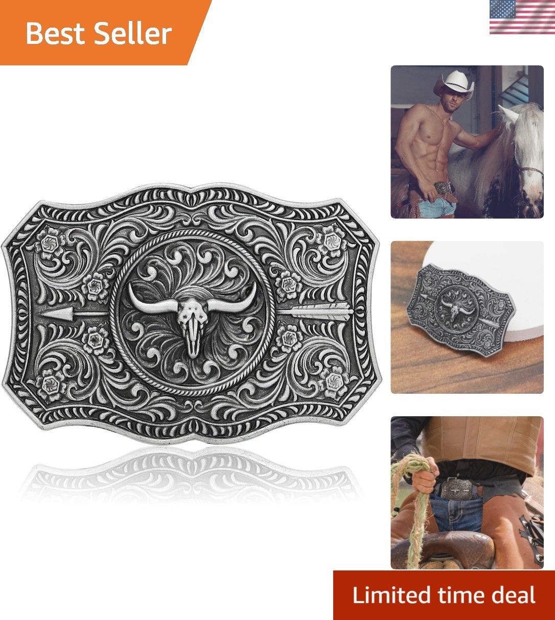 Oval Long Horn Bull Skull Belt Buckle Native American Turquoise Wooden Beads ...