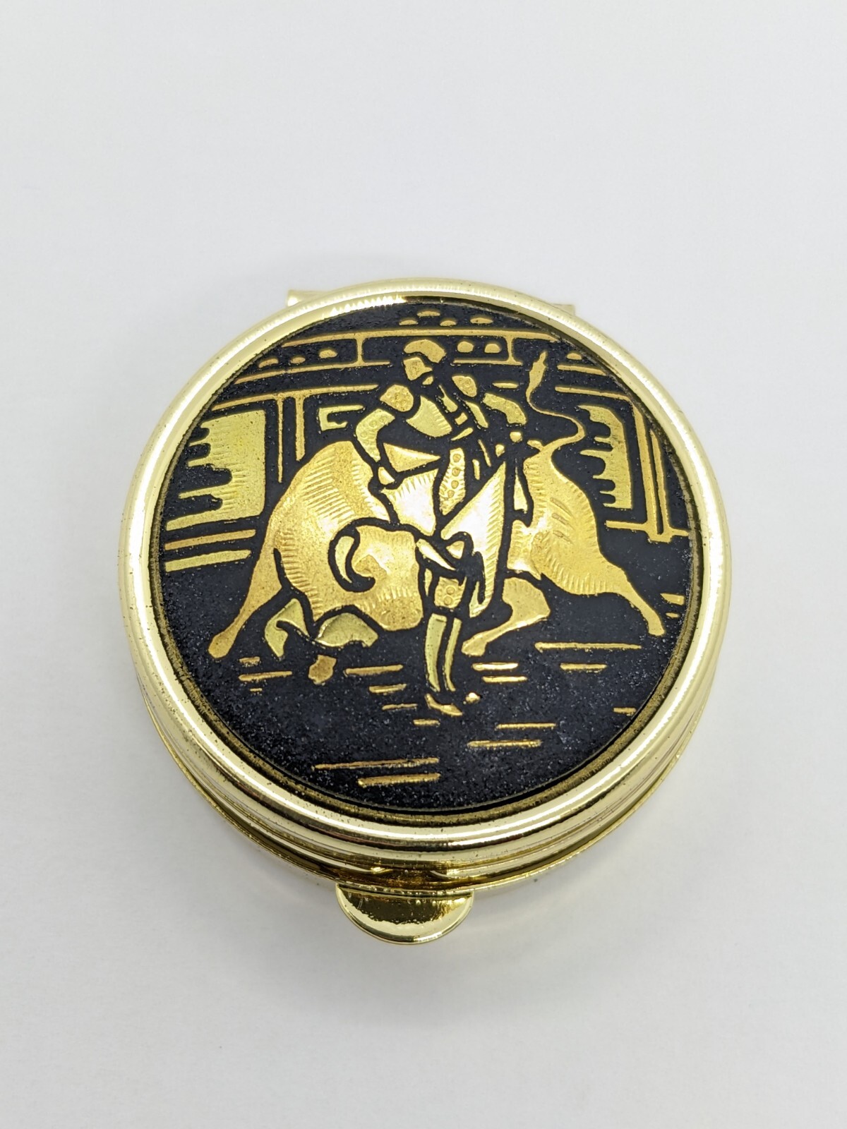24K Gold & Steel Vintage Spanish round pill box from Spain Bullfighter/ Bull