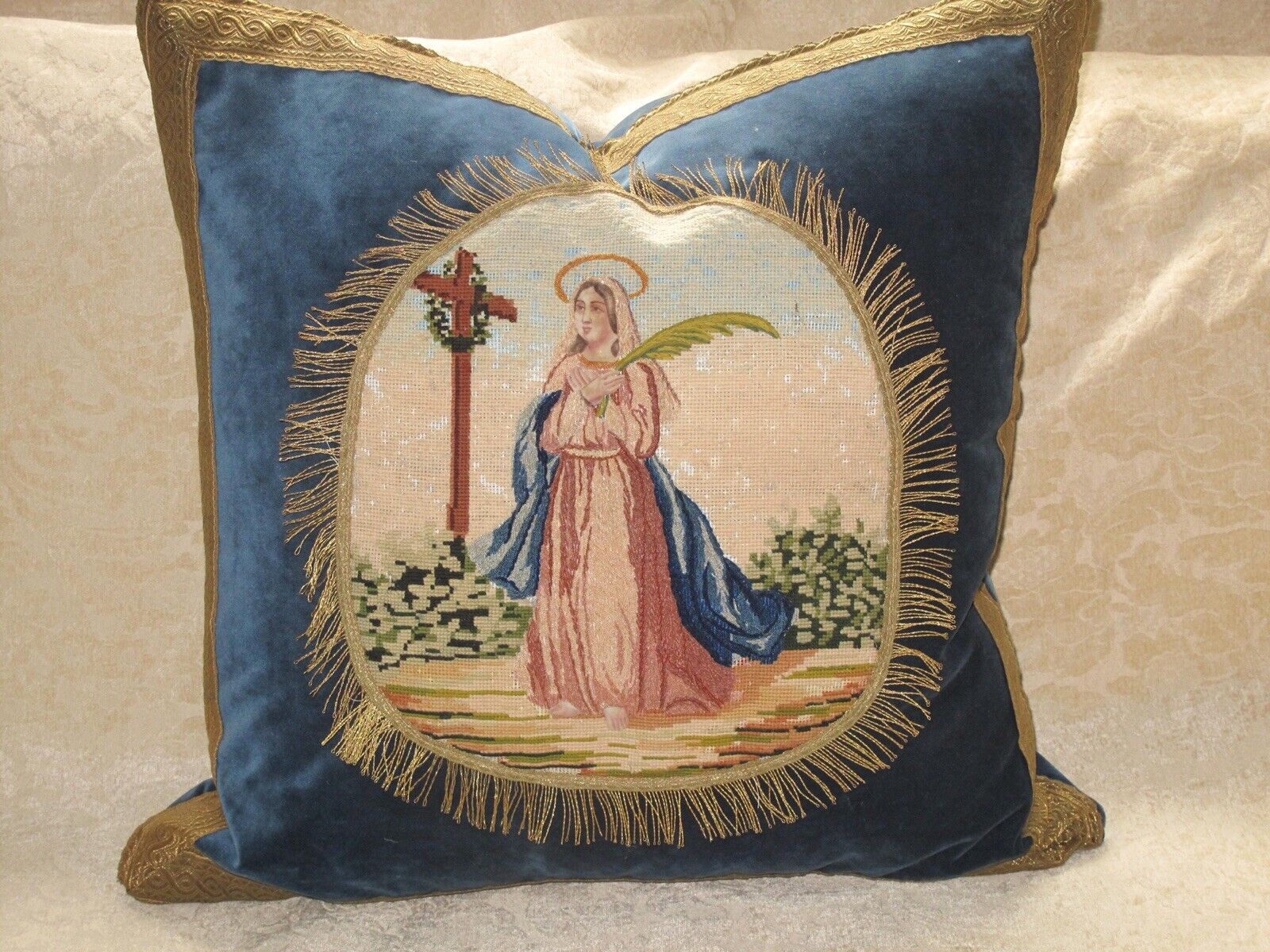 EXQUISITE FRENCH 19TH C ANTIQUE NEEDLEPOINT TAPESTRY OF SAINT WITH METALLIC TRIM
