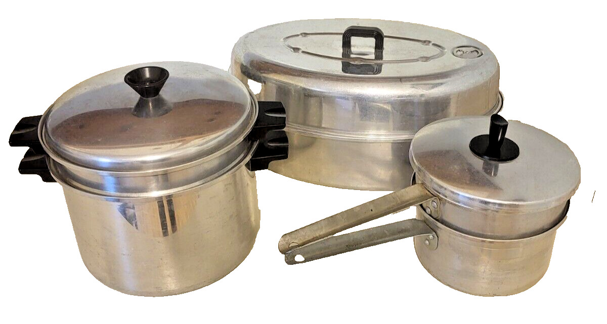 (3 Lot) Vtg Aluminum WARE MID-CENTURY roaster, double boiler, strainer stock pot