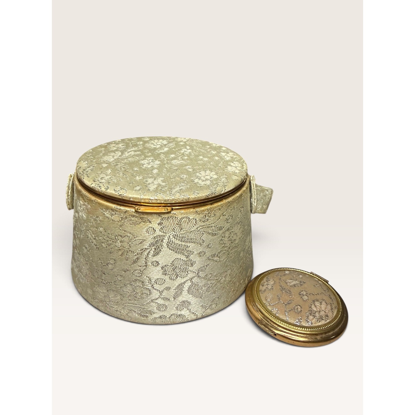 Vintage Lin Bren Evening Vanity Powder Box & Compact Set Gold Floral Brocade