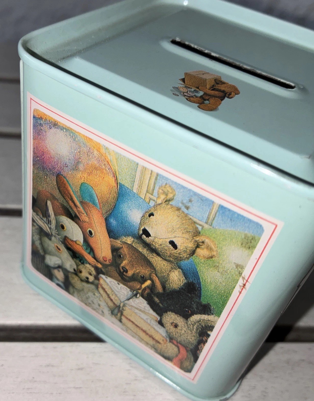 Vtg. Hunky Dory Jane Hissey Tin Bank 1991 Duck Teddy Bears 3”x3” Americana Decor