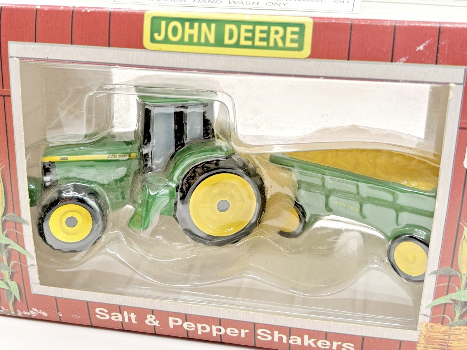 Vintage Ensco John Deere Salt & Pepper Shaker Set Green Tractor Wagon of Corn