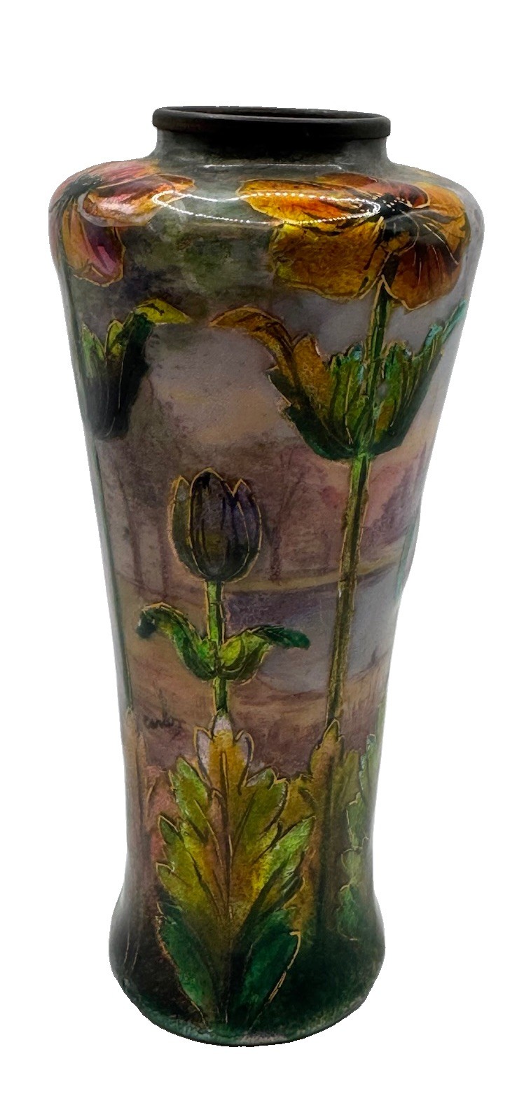 Art Nouveau French Style Enamel on Copper Poppy 6” Vase Signed Carles  Chip