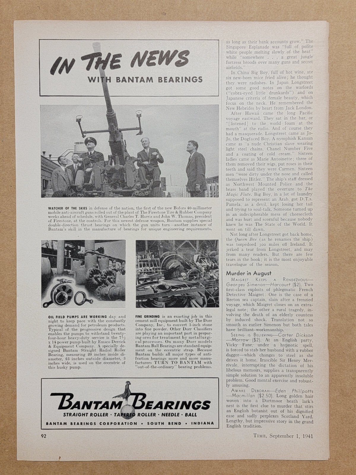 Vintage 1941 Bantam Bearings Print Ad WW2 WWII Bofors 40 mm Anti Aircraft Gun