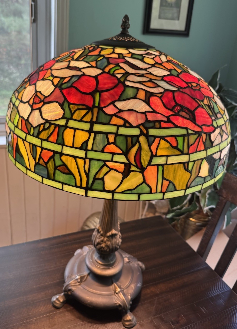 Vintage Tiffany Style  Stained Glass Oreintal Poppy Table Lamp