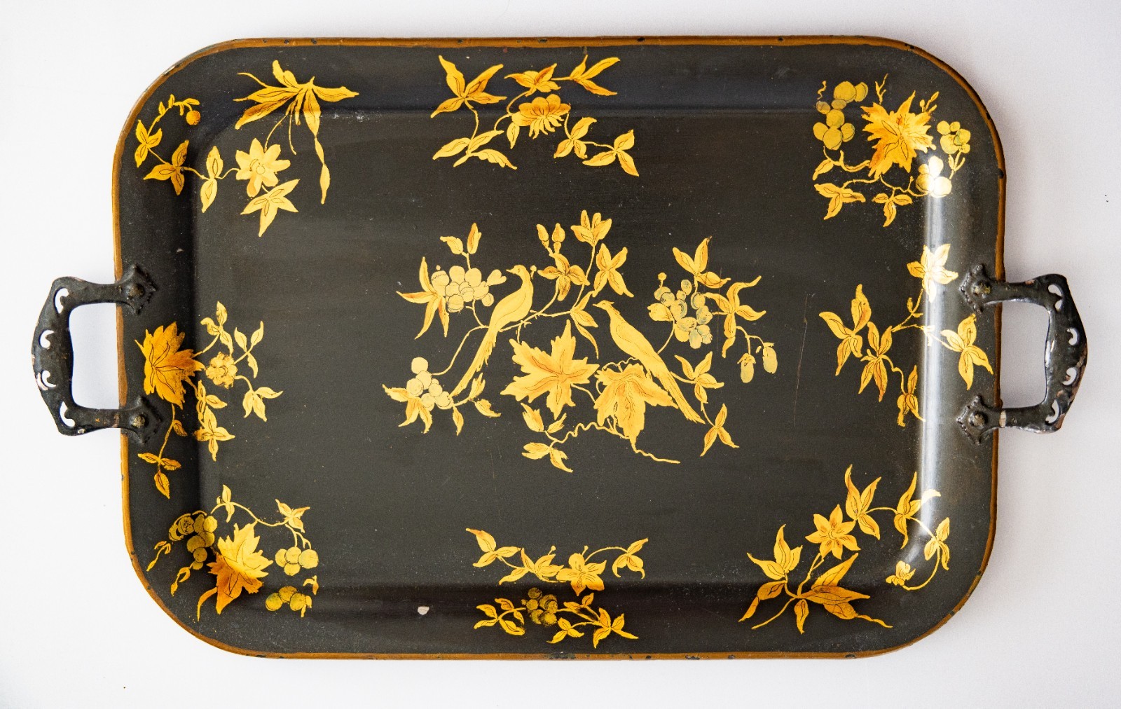 Antique English Chinoiserie Hand Painted Black Gold Gilt Birds Floral Tole Tray