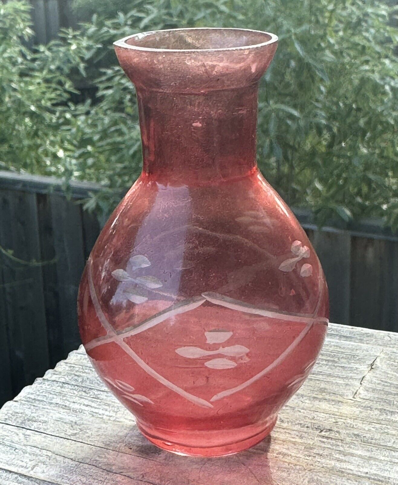 Vintage Cranberry Etched Glass Small Vase Abstract Design H 3.25”