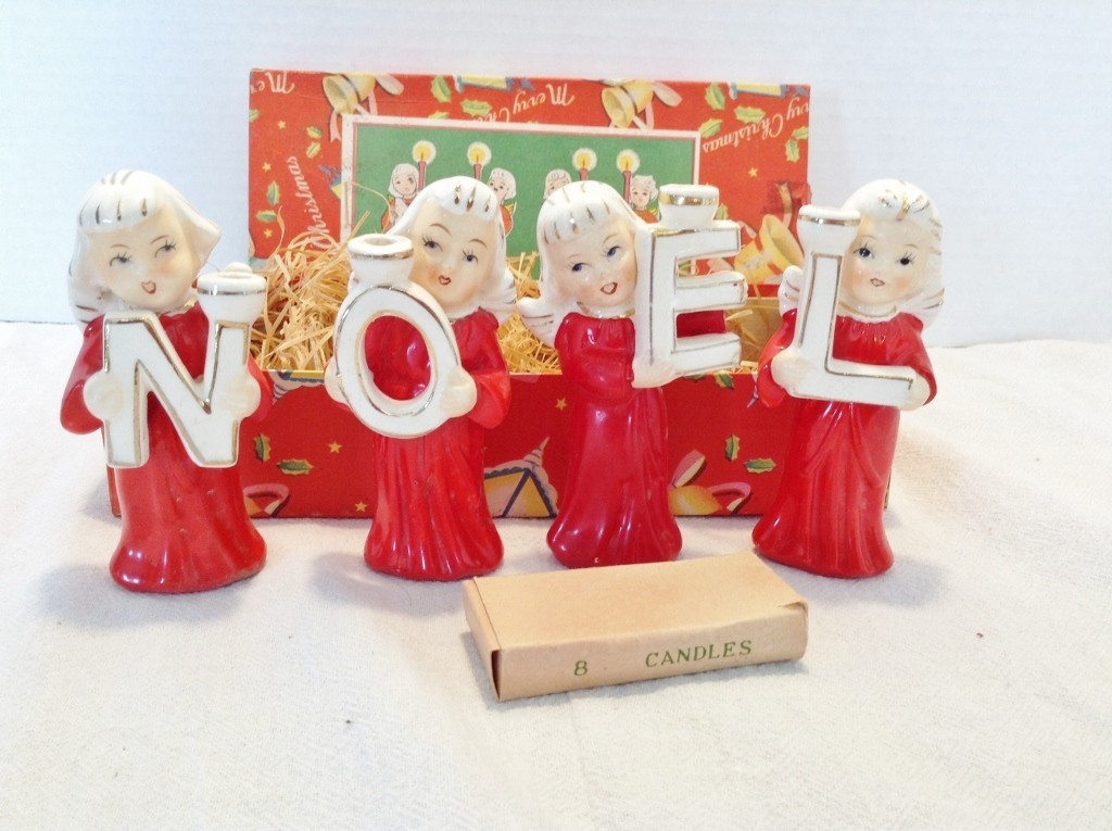 Vintage 1950s Relco NOEL Angel Candle Holders Set w/ Original Box-Rare Red