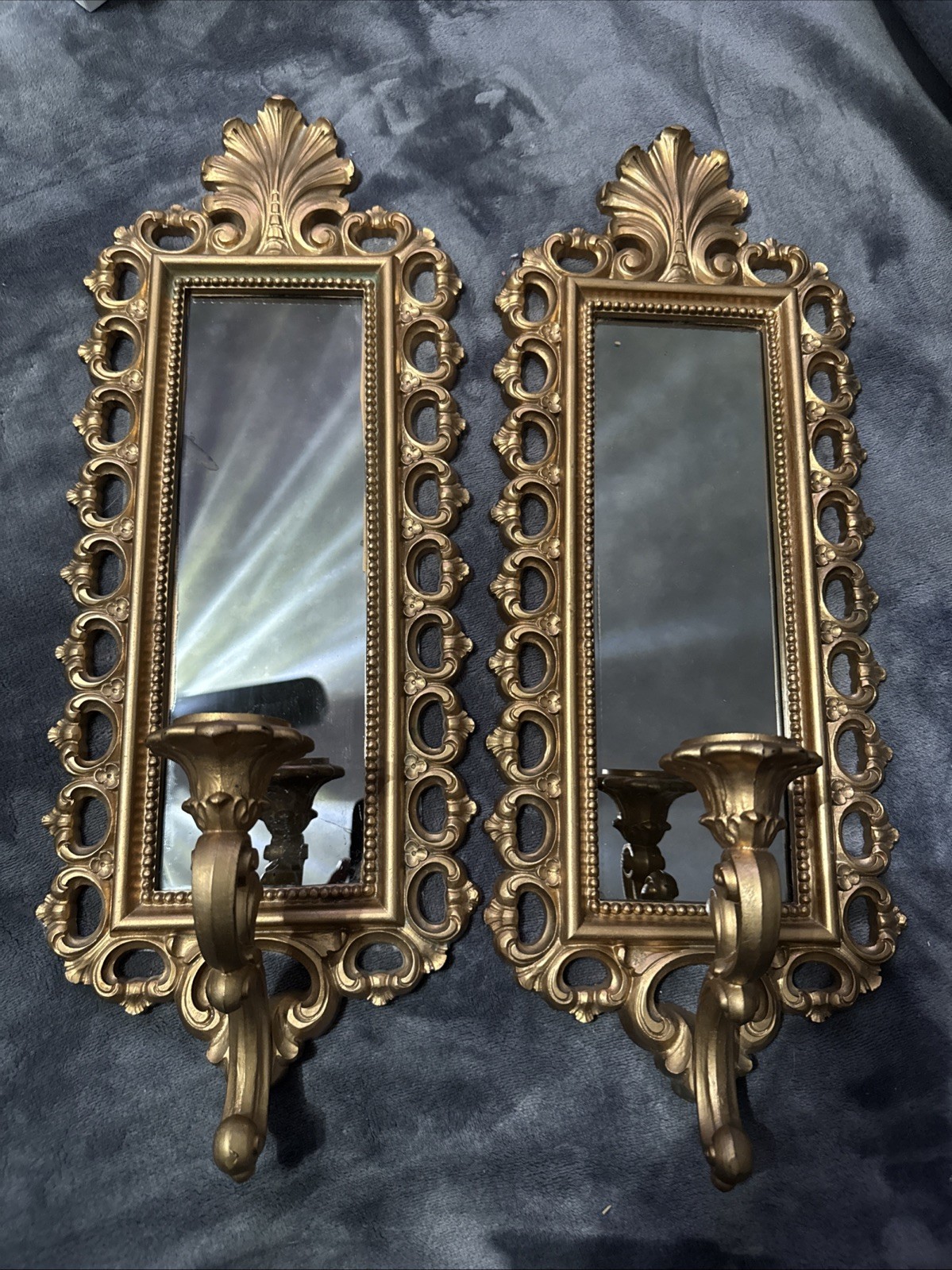Dart Homco 2352 Smoky Mirror Wall Candle Sconces Pair 1970s Gold  Spot On One