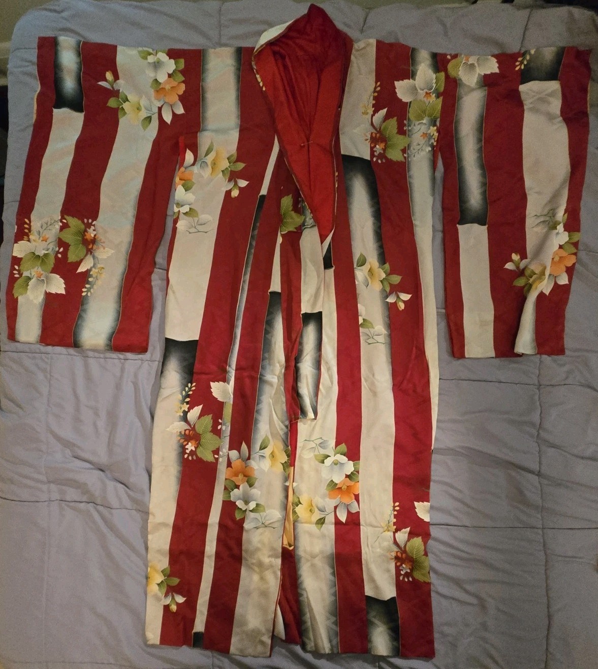 Vtg 30s 40s Japanese Silk Haori Kimono Jacket Long Red White Floral Bamboo Lined