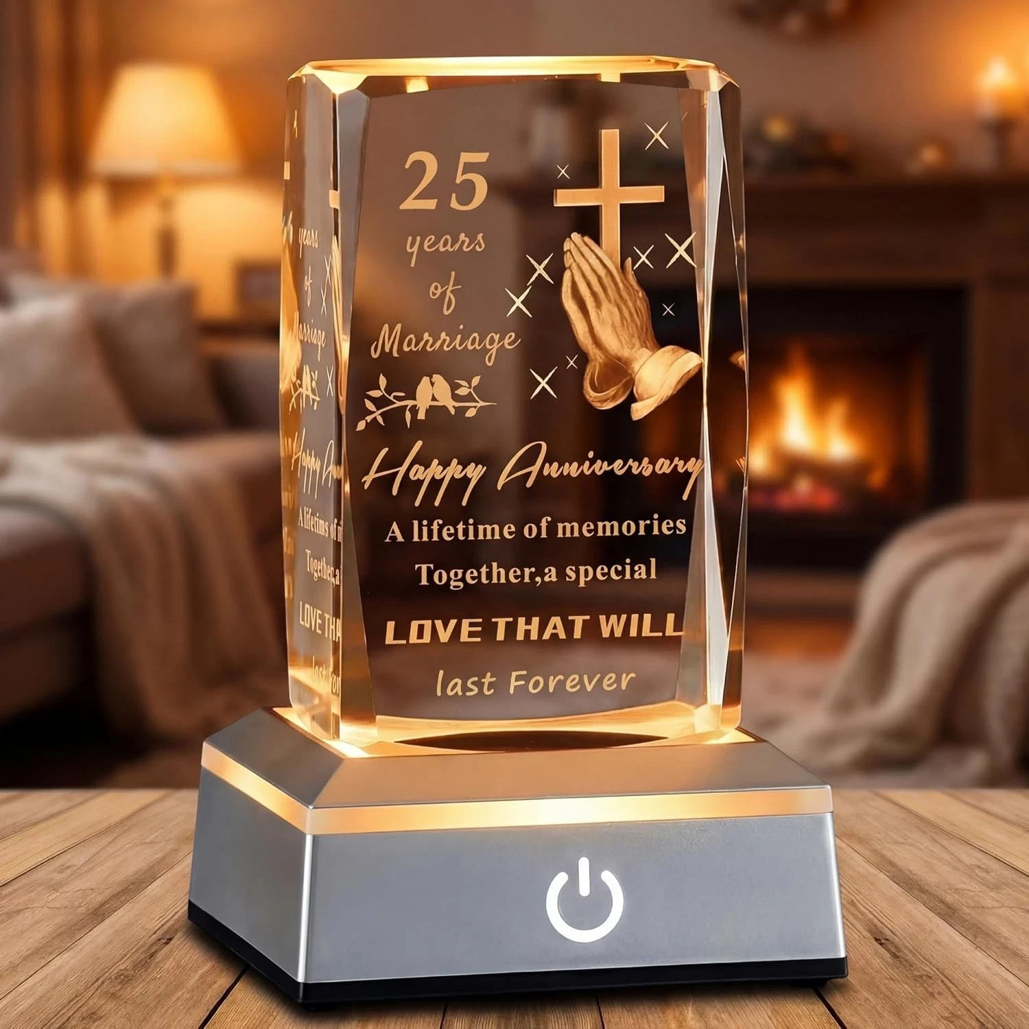 25th Wedding Anniversary Crystal Gift for Couples LED Base Laser Engraved