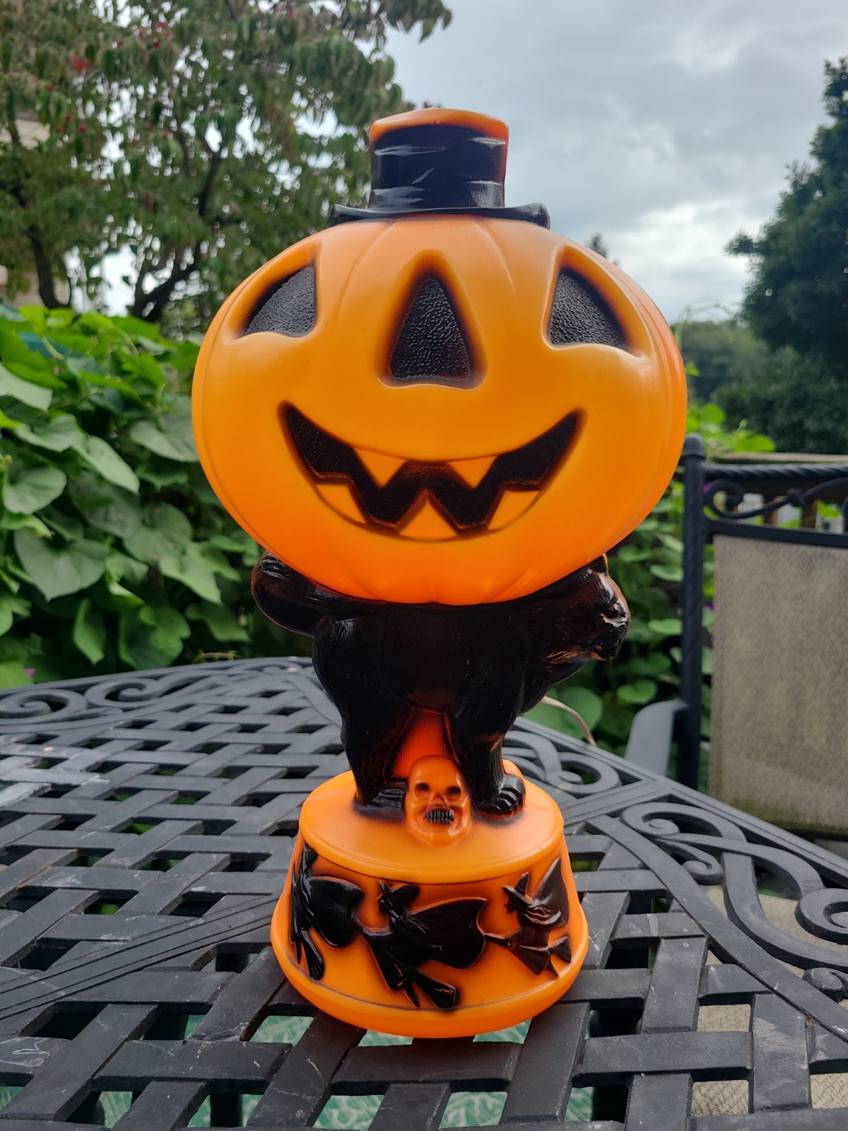 Vintage 1969 Empire Black Cat Skull & Witches Pumpkin Halloween Blow Mold 14”