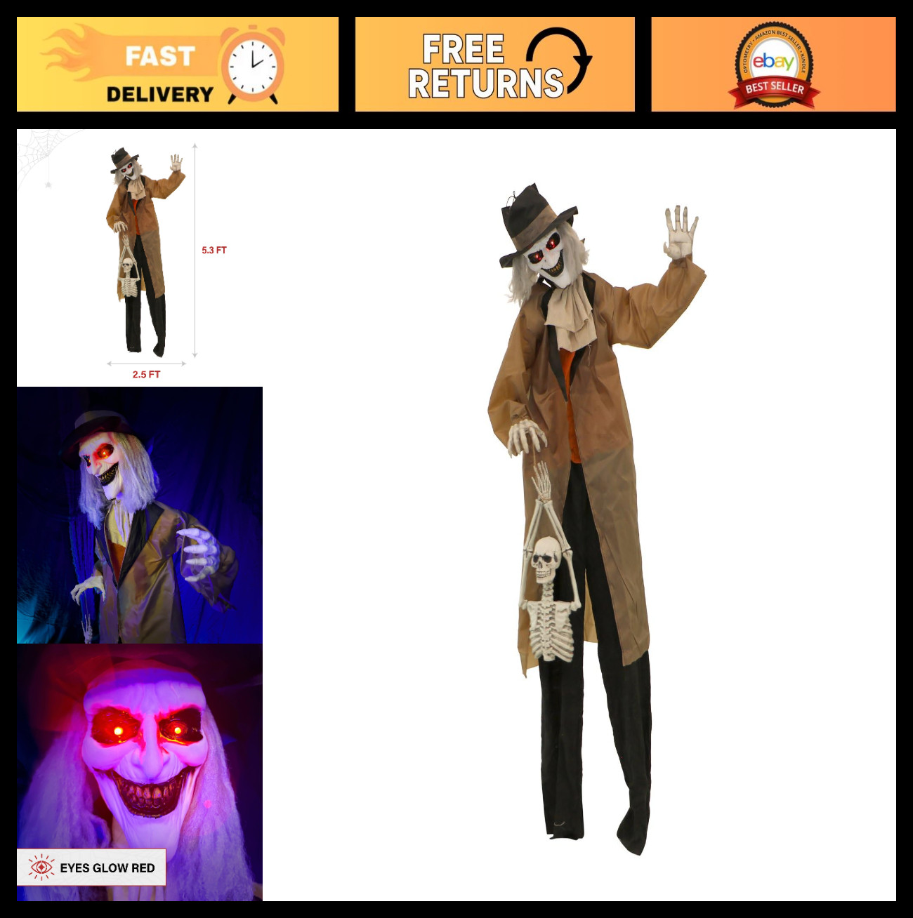 Life-Size 5.25ft Gravekeeper Animatronic - Red LED Eyes, Sound Effects, Battery Life-Size 5.25ft Gravekeeper Animatronic - Red LED Eyes, Sound Effects, Battery