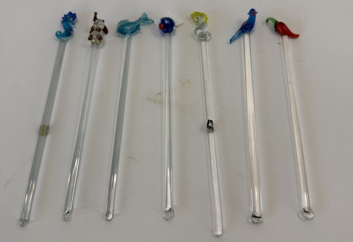 Vintage Mexican Hand Blown Glass Swizzle Sticks Animal Bird Chili Toppers Lot 7