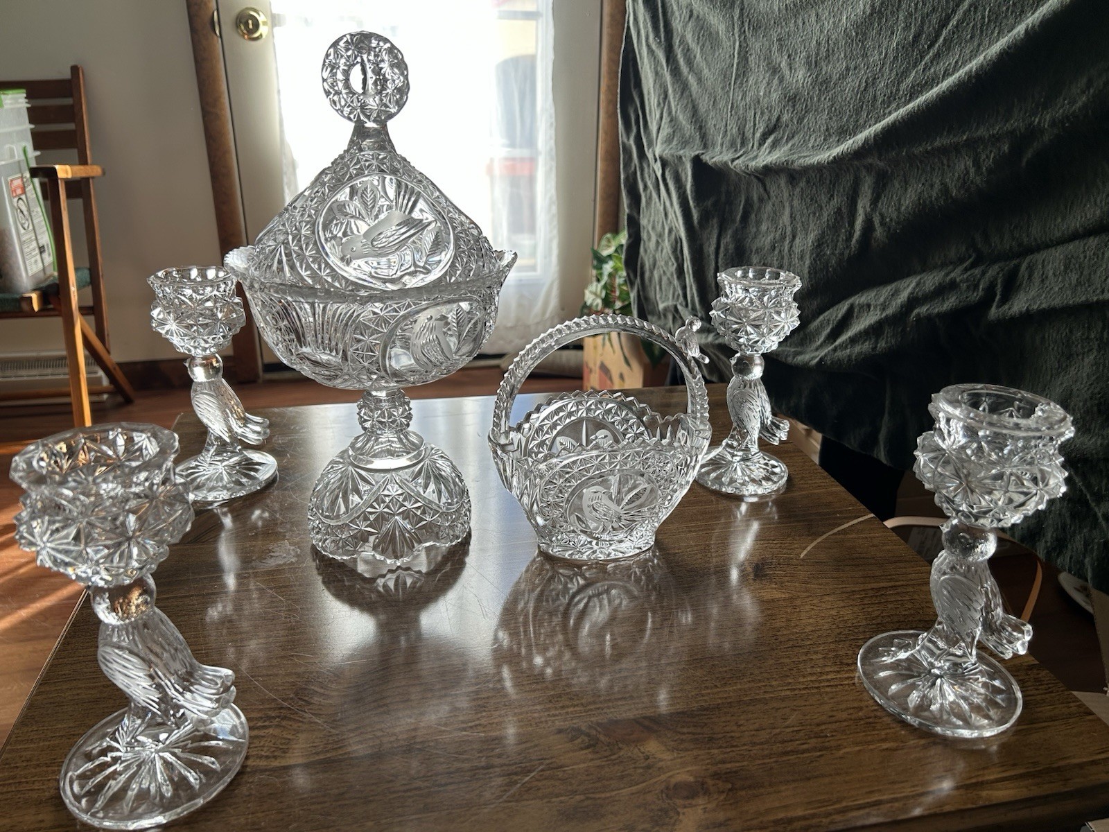 Vintage Hofbauer Byrdes Crystal Lot Candy Dish Candlesticks Bird Basket Germany