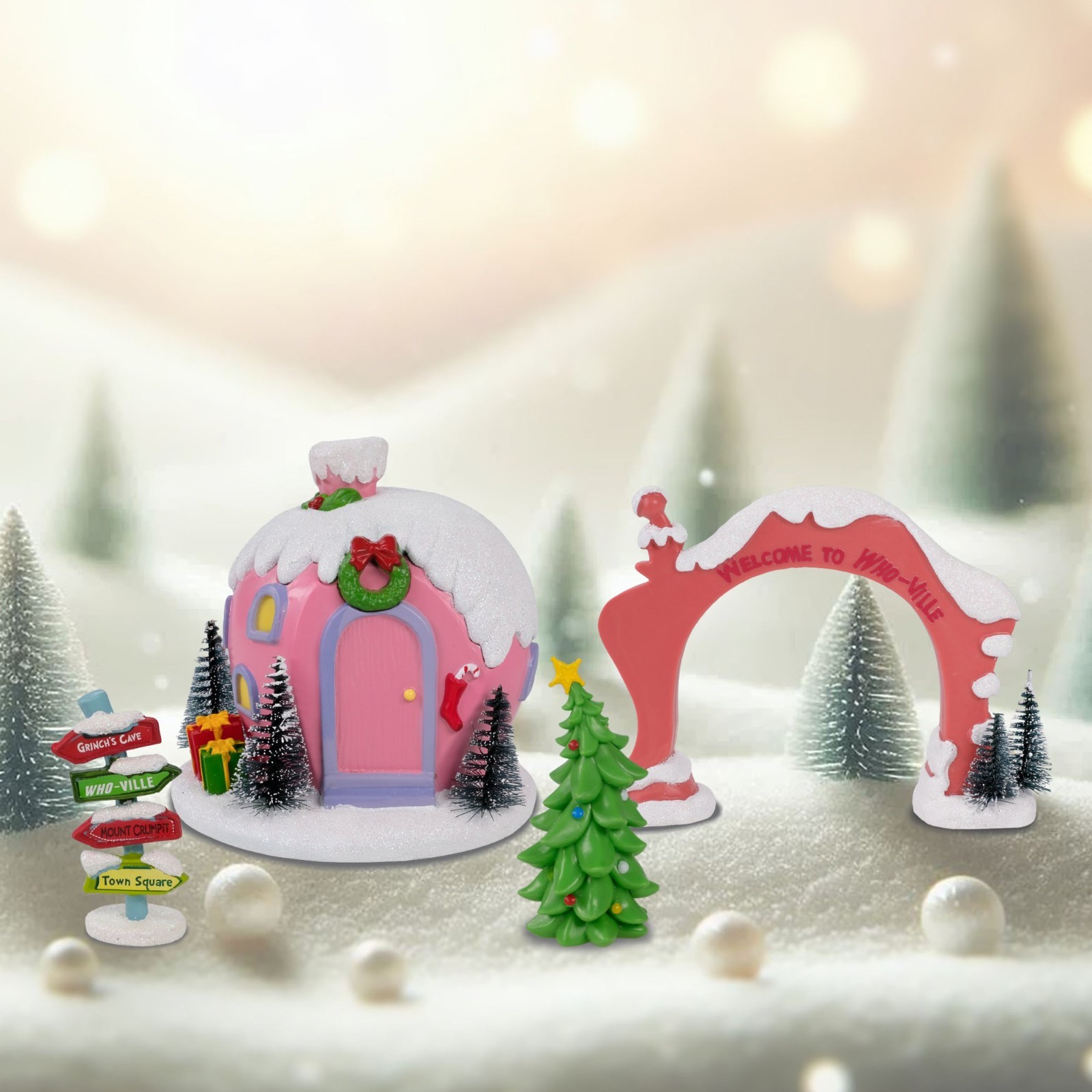 Dr. Seuss The Grinch Whoville Village 4‑Pc Christmas Set —House, Arch& Sign Post