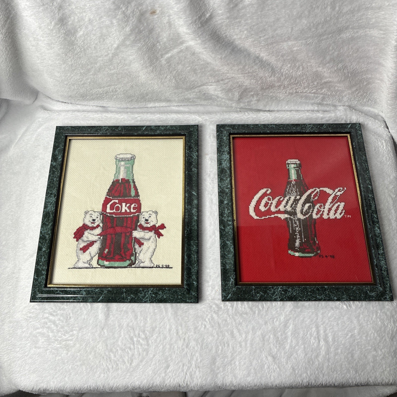 Vintage 1998 Coca Cola Cross Stitch Framed Pair Polar Bears Coke Bottle 8x10