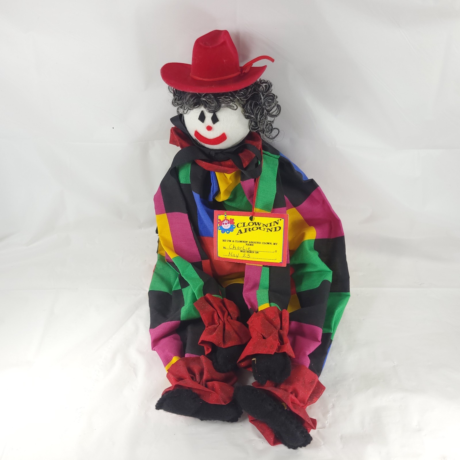 Vtg Clownin Around Charlie Soft Clown Doll Red Hat Colorful Fabric Shelf Sitter