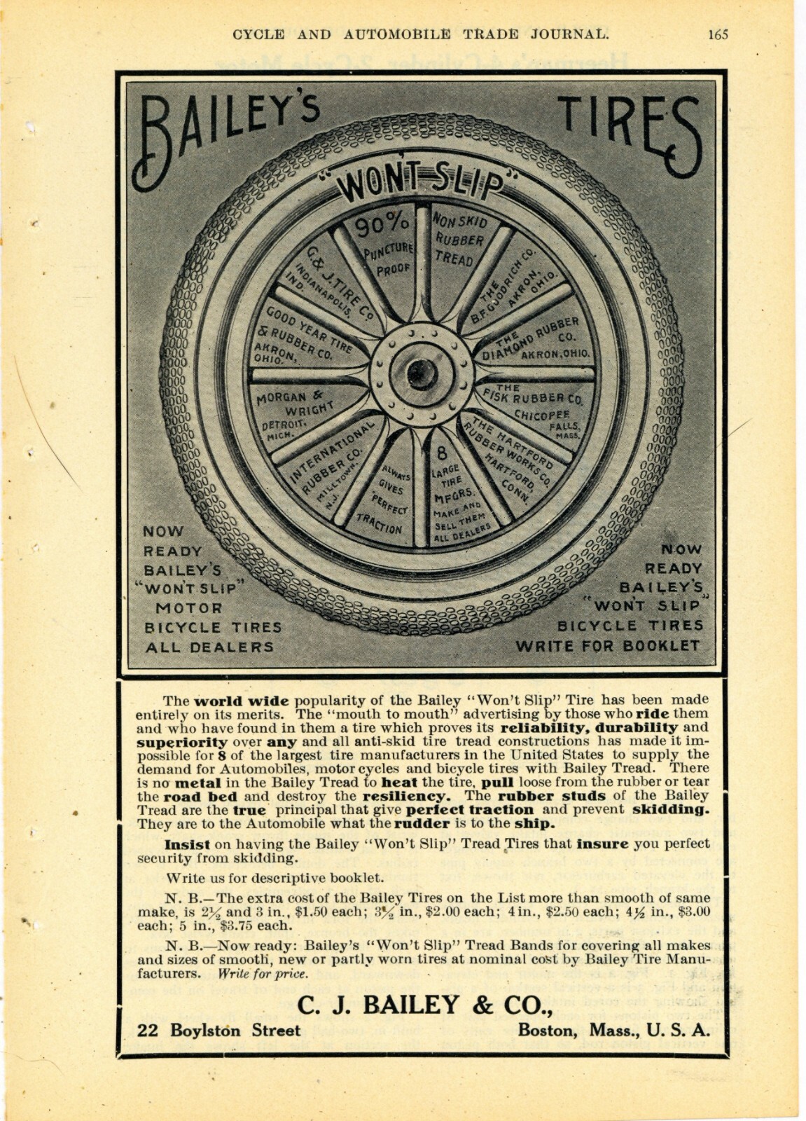 1907 C.J. Bailey & Co. Ad: Bailey\'s Tires - Auto, Motorcycle, Bicycle - Boston