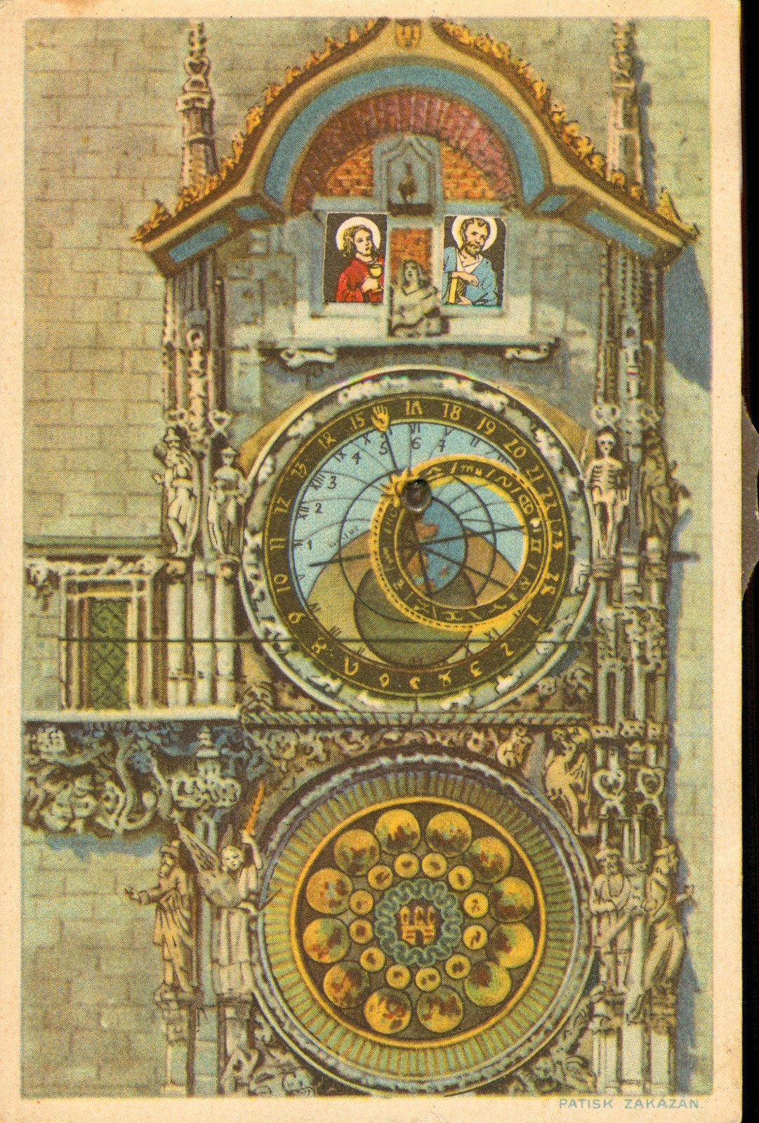 Mechanical Postcard Antique 1920 Prague Astronomical Clock Side Wheel Apostles N