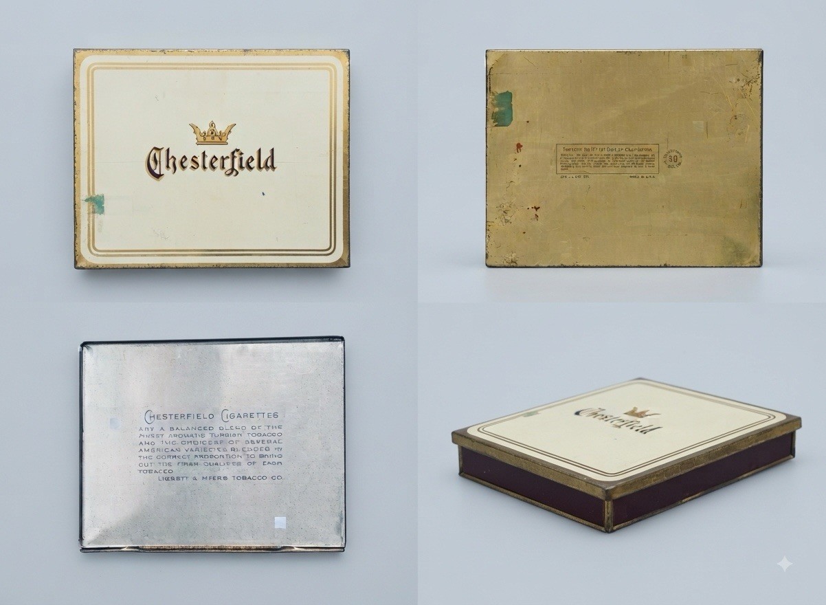 Vintage Chesterfield Hinged Metal Cigarette Tin - Factory 171 1st Dist Cal. Vintage Chesterfield Hinged Metal Cigarette Tin - Factory 171 1st Dist Cal.