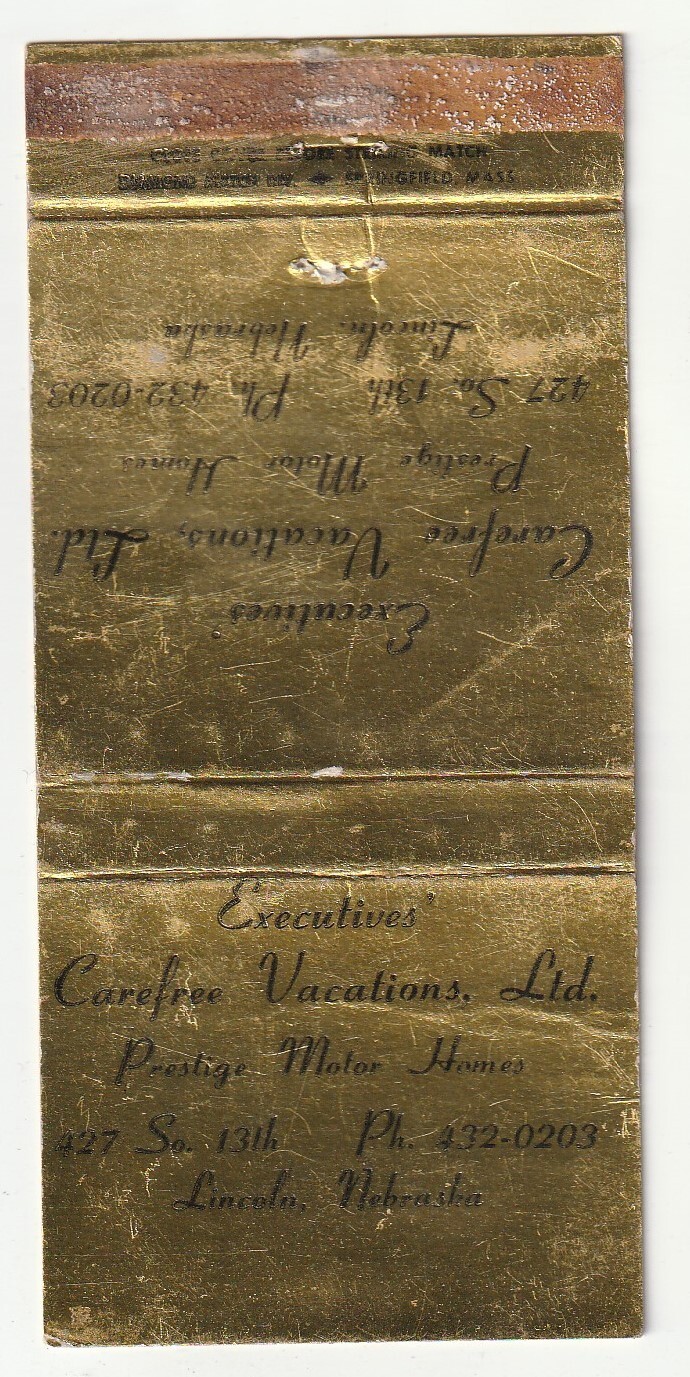 MATCHBOOK COVER - EXECUTIVES CAREFREE VACATIONS - PRESTIGE MOTOR HOMES - LINCOLN