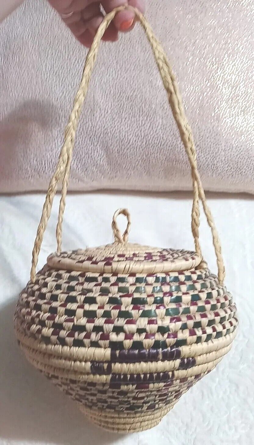 Vintage Hand Woven Coiled Hanging Basket & Lid Boho Natural Fiber Aztec African