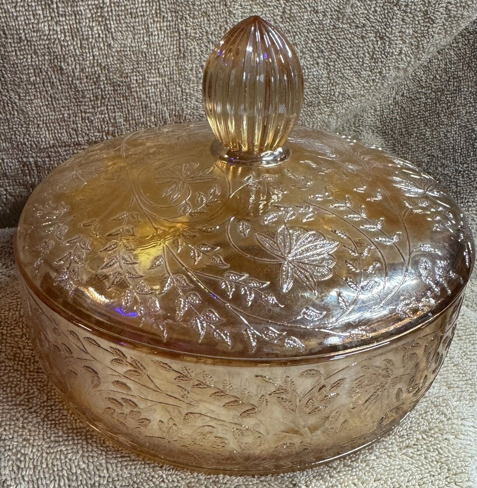VINTAGE JEANNETTE FLORAGOLD LOUISA COVERED CANDY DISH