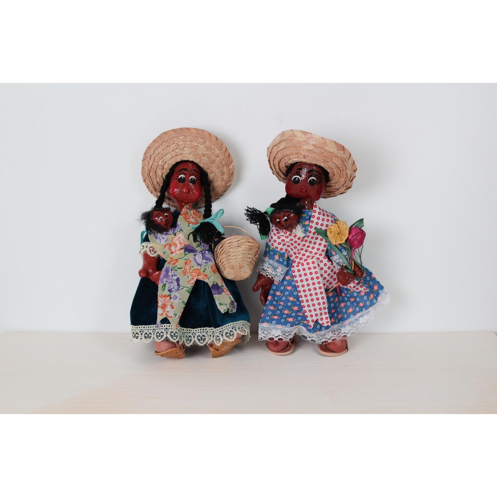 Vintage Mexican Folk Art Dolls Hand-Painted Papier-Mâché Moms & Babies 11in Tall