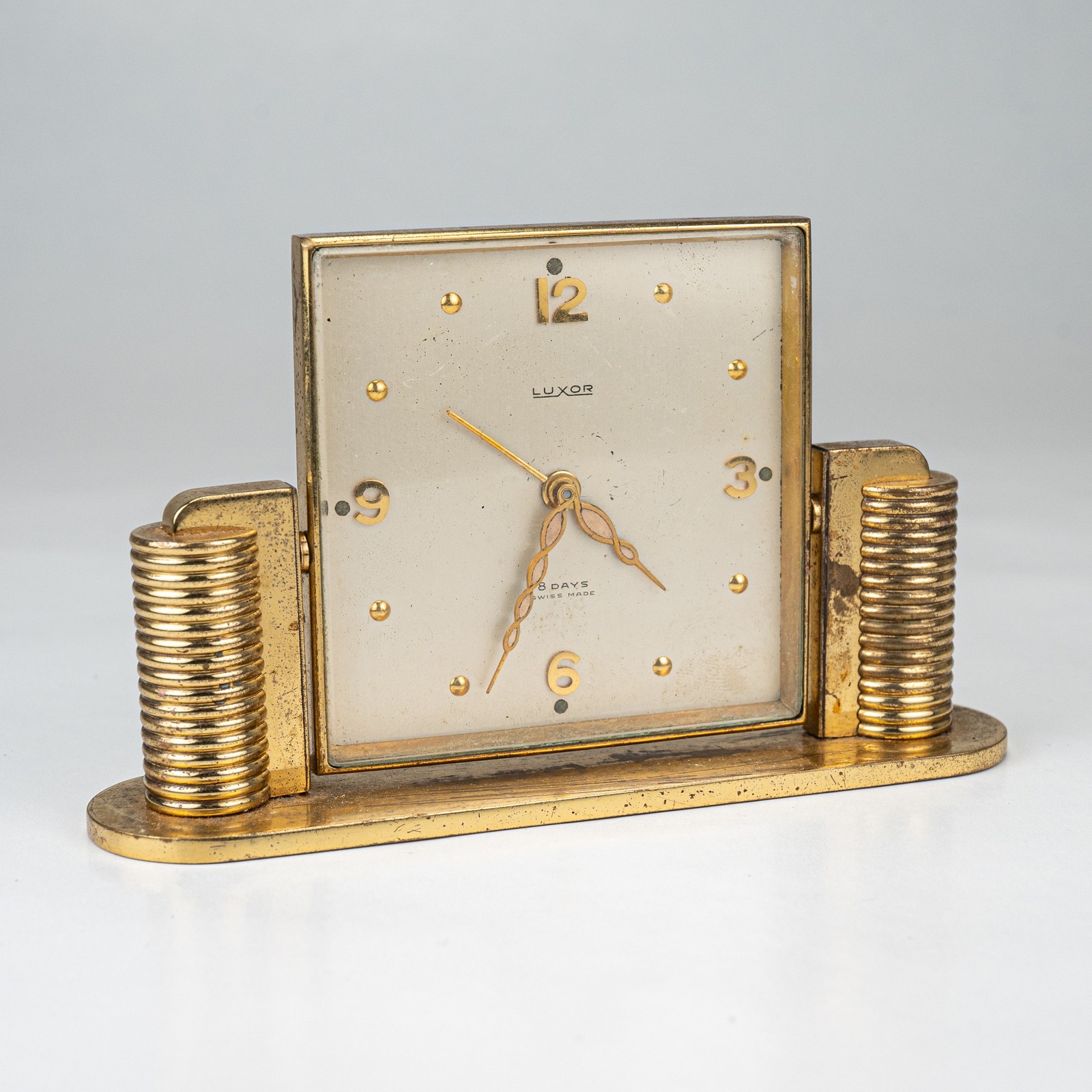 Antique 1930s Luxor Swiss Art Deco 8-Day Gilt Brass Desk Clock Untested