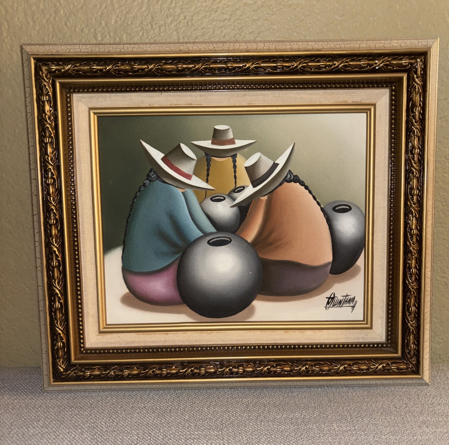 Vintage Andean Art Oil Painting w Ornate Gold Custom Frame Marcas Quintana 14.5