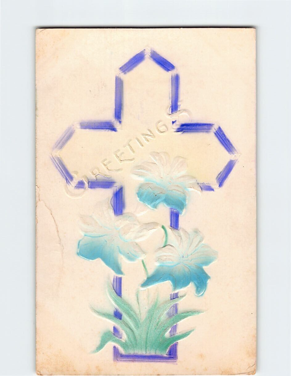Postcard Greetings Cross Flower/Plant Art Print Debossed
