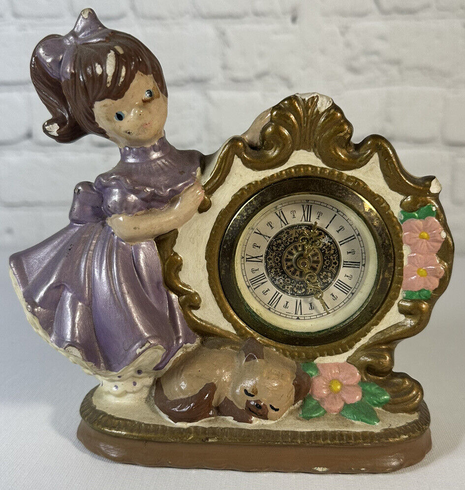 Vintage Narco West German Wind Up Clock Ceramic Little Girl With Puppy