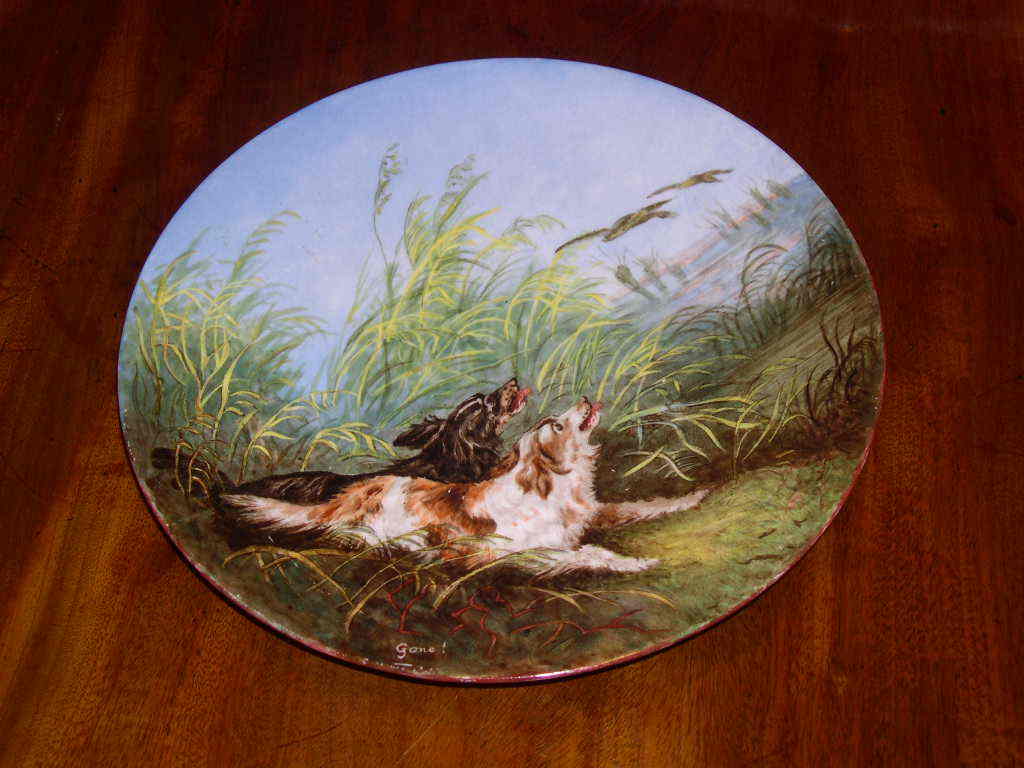 ANTIQUE DOG OIL PAINTING DOG PLATE DATED 1880 SIGNED M.E. ROFS SPANIEL SETTER