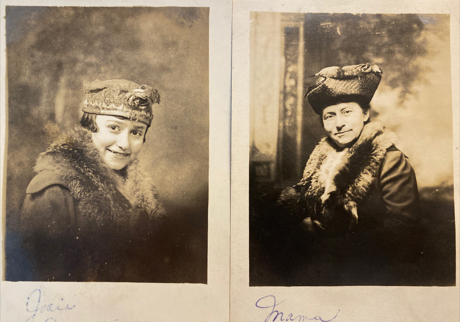 Woman & Girl in Hats & Fur Coats Mother Early 1900s RPPC Real Photo Postcards