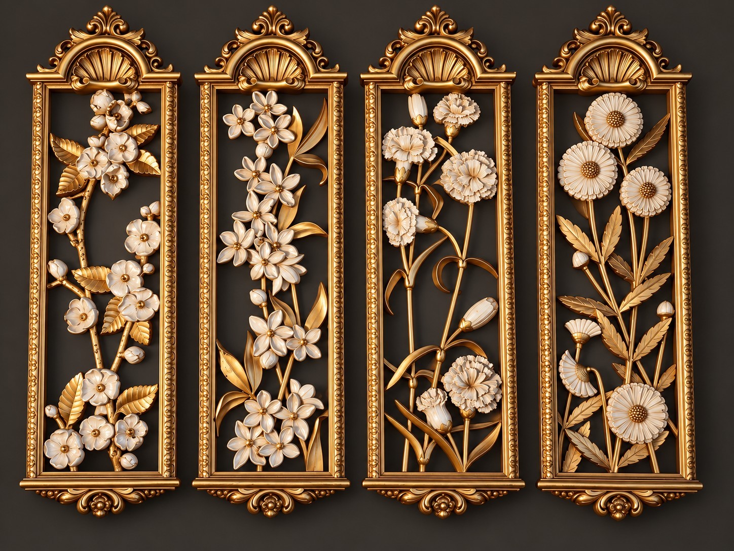 Vintage Syroco 4pc Gold Floral Wall Plaque Set Hollywood Regency 3D Relief 1974 Vintage Syroco 4pc Gold Floral Wall Plaque Set Hollywood Regency 3D Relief 1974