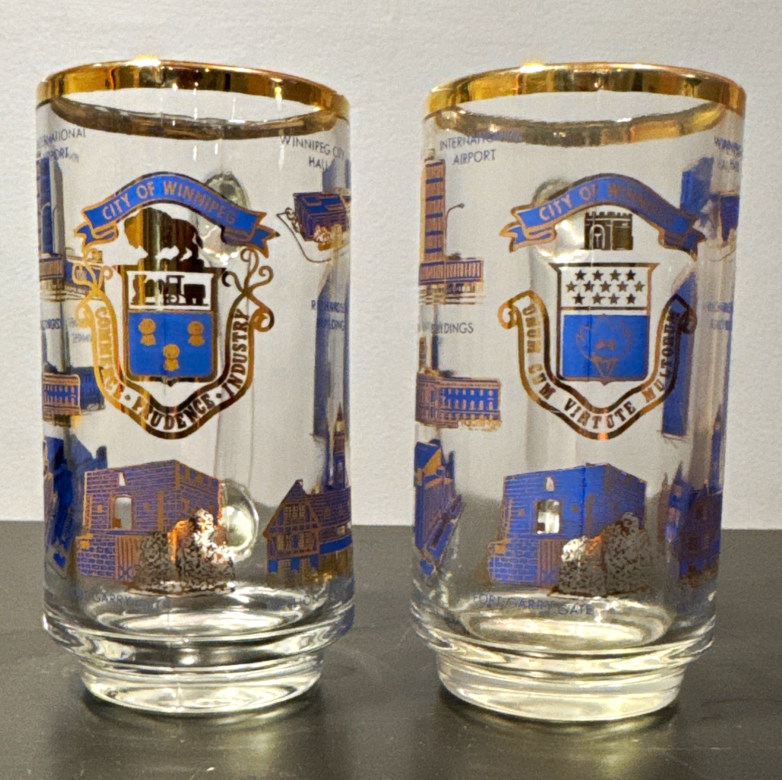 Pair of Vintage Winnipeg Souvenir Beer Mugs Pair Gold Rim Landmarks Canada 