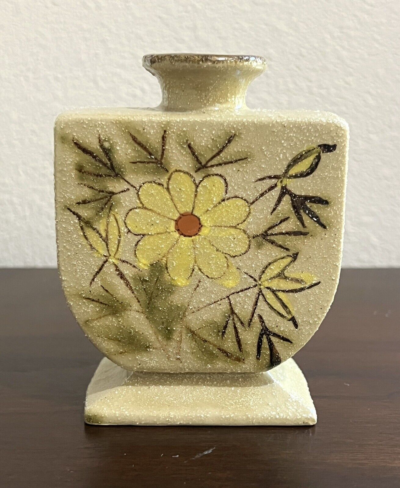 Stoneware Art Pottery Salt Glazed Yellow Daisy Floral Hand Painted Bud Vase
