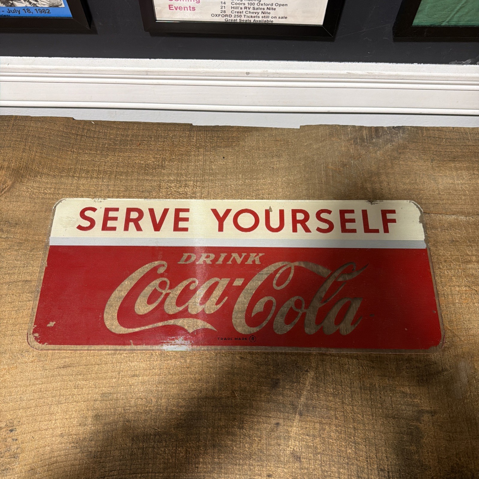 Vintage Coca Cola Serve Yourself Reverse Painted Ribbed Glass Sign 19x8