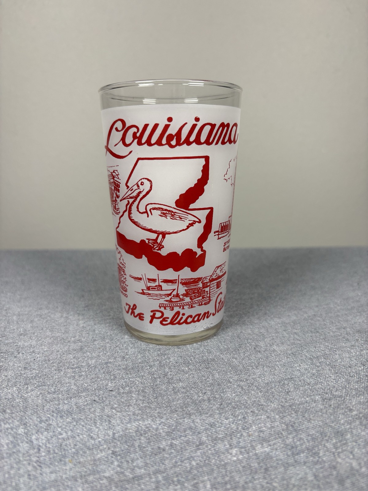 Vintage Hazel Atlas Louisiana The Pelican State Frosted Glass Souvenir Tumbler