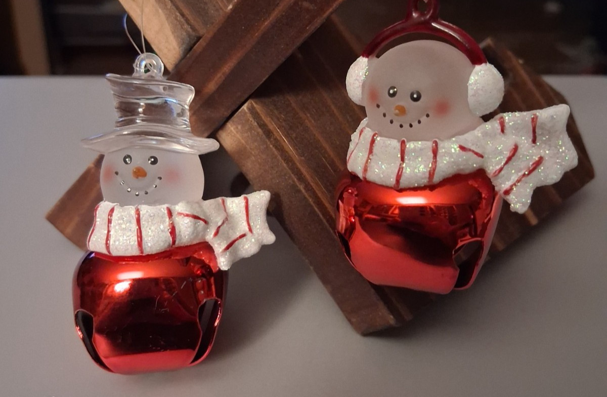Vtg JINGLE BUDDIES PAIR OF Snowman Christmas Bell ORNAMENTS