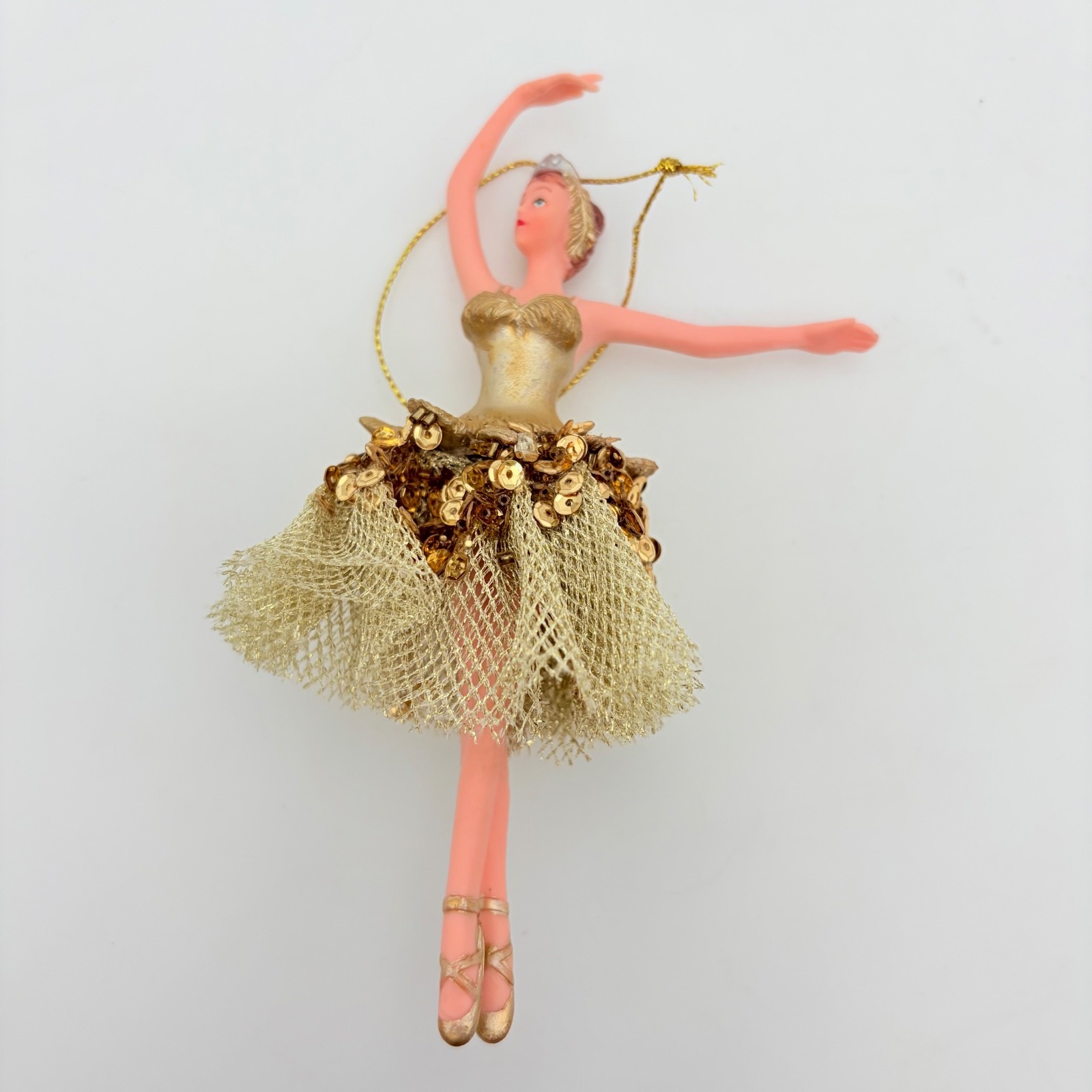 Vintage Mid Century Style Ballerina Rubber Christmas Ornament Gold Sequin Tutu