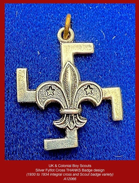 UK & Colonial Boy Scouts - 1930-1934 Silver Fylfot Cross THANKS BADGE ^