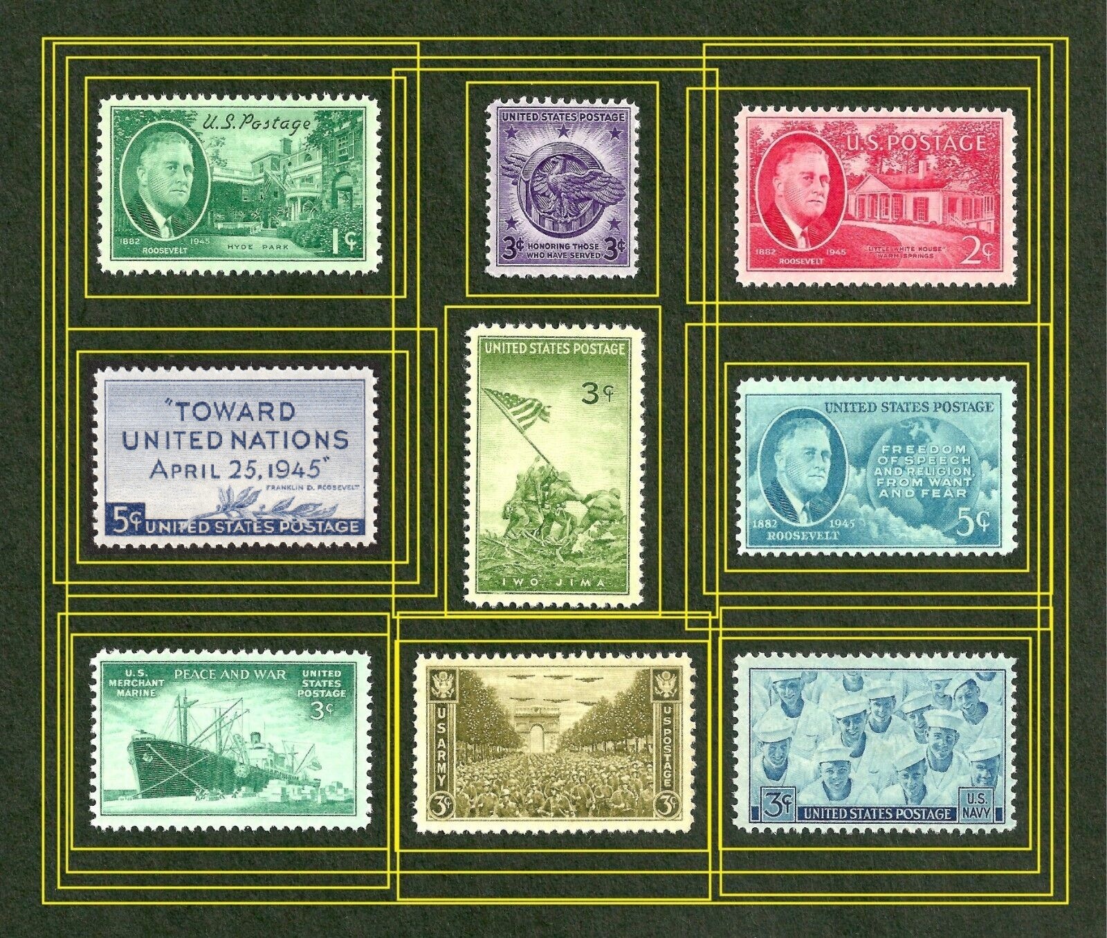 *OLD 1940's US/usa WW2 stamp collection honoring WWll services,iwo jima,FDR MINT